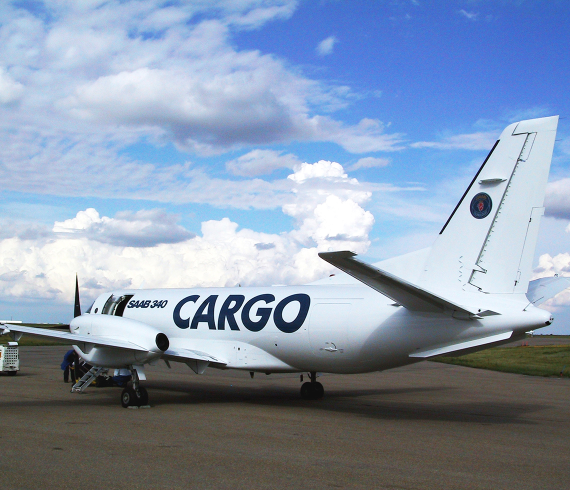 Saab 340 cargo charter aircraft on runway