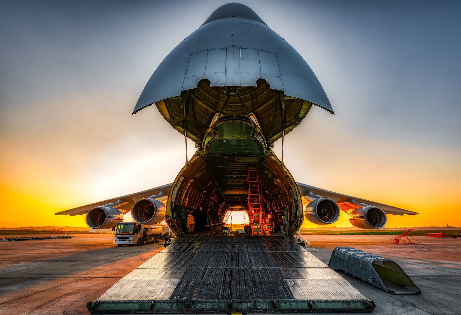 Cargo plane open for accepting cargo delivery