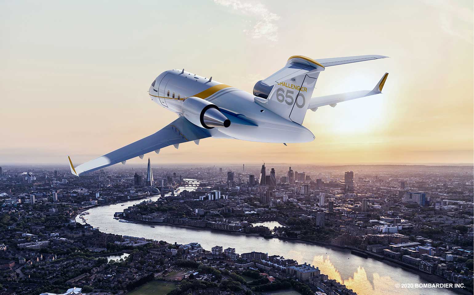 Bombardier Challenger 650 private jet charter flight over London at sunset