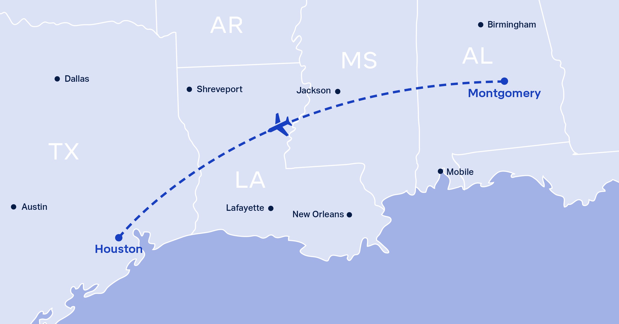 Montgomery to Houston Sports Charter Flight Route